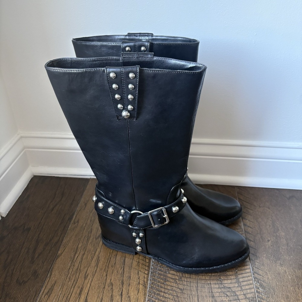 Jessica Simpson Black Milley Studded Moto Boots Silver Harness Hidden Wedge Sz11 - Picture 4 of 10